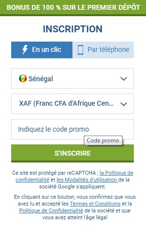 Inscription sur 1xBеt